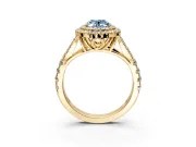 Double Halo Engagement Ring Setting for Fancy Blue Oval Center with Narrow Pave Split Shank and Prong Head in Yellow Gold