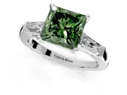 3 Stone Engagement Ring Setting for Fancy Green Princess Cut Center with Tapered Baguettes, Plain Band and Prong Head in Platinum