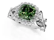 Halo Engagement Ring Setting for Fancy Green Cushion Cut Center with Leaf Motif Split Shank and Prong Head in Sterling Silver