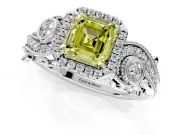 Milgrain Halo Engagement Ring Setting for Fancy Yellow Asscher Cut Center with Shoulder Bezels and Prong Head in White Gold
