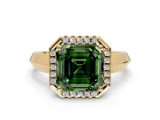Halo Engagement Ring Setting for Fancy Green Asscher Cut Center with Knife Ridge Cathedral Band and Prong Head in Yellow Gold