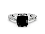 Baguette Engagement Ring Setting for Fancy Black Cushion Cut Center with Alternating Bar-Set Band and Prong Head in Sterling Silver