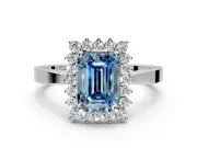 Starburst Halo Engagement Ring Setting for Fancy Blue Emerald Cut Center with Flat Cathedral Band and Prong Head in Platinum