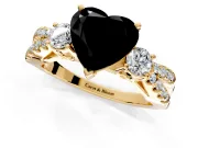 3 Stone Engagement Ring Setting for Fancy Black Heart-Shaped Center with Pave Split Shank and Prong Head in Yellow Gold