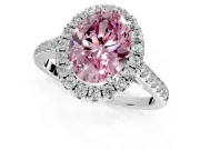 Halo Engagement Ring Setting for Fancy Pink Oval Center with Narrowing Pave Band and Prong Head in White Gold