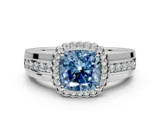 Halo Engagement Ring Setting for Fancy Blue Cushion Cut Center with Wide Band, Inlaid Accent Row and Prong Head in Sterling Silver
