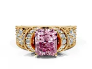 Pave Engagement Ring Setting for Fancy Pink Radiant Cut Center with Curved Accent Rows, Openwork and Prong Head in Yellow Gold