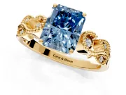 Leaf Engagement Ring Setting for Fancy Blue Princess Cut Center with Milgrain Accent Band and Prong Head in Yellow Gold