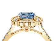 Milgrain Floral Halo Engagement Ring Setting for Fancy Blue Cushion Cut Center with Pave Band and Prong Head in Yellow Gold