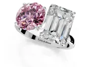 Fancy Pink Round Cut and Emerald Cut Lab-Grown Diamond Toi et Moi Engagement Ring with Prong-Set Stones in Sterling Silver