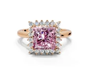 Starburst Halo Engagement Ring Setting for Fancy Pink Princess Cut Center with Thin Round-Wire Band and Prong Head in Rose Gold