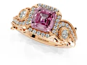 Milgrain Halo Engagement Ring Setting for Fancy Pink Asscher Cut Center with Shoulder Bezels and Prong Head in Rose Gold