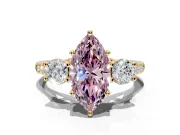 3 Stone Engagement Ring Setting for Fancy Pink Marquise Center with Crossover Basket, Pave Band and Prong Head in Yellow Gold