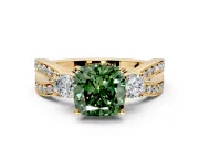 3 Stone Engagement Ring Setting for Fancy Green Cushion Cut Center with Pave Twist Band and Prong Head in Yellow Gold