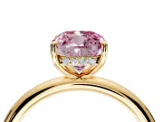 Hidden Halo Engagement Ring Setting for Fancy Pink Cushion Cut Center with Thin Rounded Band and Prong Head in Yellow Gold