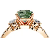 3 Stone Engagement Ring Setting for Fancy Green Cushion Cut Center with Round Cut Side Accents and Prong Head in Rose Gold