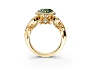 Milgrain Halo Engagement Ring Setting for Fancy Green Heart-Shaped Center with Shoulder Bezels and Prong Head in Yellow Gold
