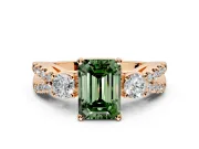 3 Stone Engagement Ring Setting for Fancy Green Emerald Cut Center with Pave Split Shank and Prong Head in Rose Gold