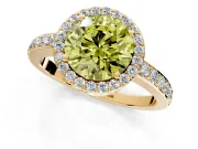 Halo Engagement Ring Setting for Fancy Yellow Round Cut Center with Heart-Shaped Openwork, Pave Band and Prong Head in Yellow Gold