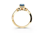 Leaf Motif Engagement Ring Setting for Fancy Blue Emerald Cut Center with Pave Band and Prong Head in Yellow Gold