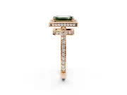 Halo Engagement Ring Setting for Fancy Green Emerald Cut Center with Metal-Rimmed Halo, Pave Band and Prong Head in Rose Gold