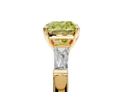 3 Stone Engagement Ring Setting for Fancy Yellow Cushion Cut Center with Tapered Baguettes, Plain Band and Prong Head in Yellow Gold