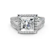 Halo Engagement Ring Setting for Princess Cut Center with Narrow Pave Split Shank and Prong Head in Platinum