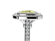 Halo Engagement Ring Setting for Fancy Yellow Radiant Cut Center with Milgrain Frame, Pave Band and Prong Head in White Gold