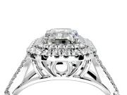 Double Halo Engagement Ring Setting for Emerald Cut Center with Narrow Pave Split Shank and Prong Head in White Gold