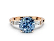 Bar-Set Engagement Ring Setting for Fancy Blue Round Cut Center with Tapered Baguette Accents and Prong Head in Rose Gold