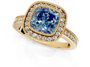 Halo Engagement Ring Setting for Fancy Blue Cushion Cut Center with Milgrain Halo, Pave Band and Prong Head in Yellow Gold