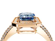Milgrain Halo Engagement Ring Setting for Fancy Blue Radiant Cut Center with Three-Sided Pave Band and Prong Head in Rose Gold