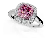 Halo Engagement Ring Setting for Fancy Pink Cushion Cut Center with Plain Tapered Band and Prong Head in White Gold