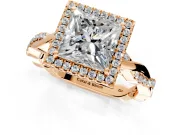 Halo Engagement Ring Setting for Princess Cut Center with Pave and Plain Twist Band and Prong Head in Rose Gold