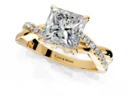 Solitaire Engagement Ring Setting for Princess Cut Center with Half-Pave Crossover Band and Prong Head in Yellow Gold
