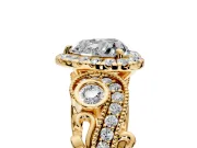 Milgrain Halo Engagement Ring Setting for Heart-Shaped Center with Shoulder Bezels and Prong Head in Yellow Gold
