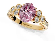 Cluster Engagement Ring Setting for Fancy Pink Oval Center with Bezel Accent Clusters and Prong Head in Yellow Gold