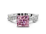 Solitaire Engagement Ring Setting for Fancy Pink Princess Cut Center with Bar-Station Pave Twist and Prong Head in White Gold