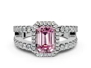 Halo Engagement Ring Setting for Fancy Pink Emerald Cut Center with Wide-Open Pave Split Shank and Prong Head in Platinum