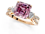 3 Stone Engagement Ring Setting for Fancy Pink Asscher Cut Center with Pave Split Shank and Prong Head in Rose Gold
