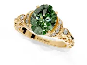 Solitaire Engagement Ring Setting for Fancy Green Oval Center with Filigree Band and Prong Head in Yellow Gold