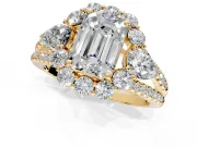 Halo Engagement Ring Setting for Emerald Cut Center with Two-Strand Split Shank and Prong Head in Yellow Gold