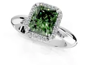 Halo Engagement Ring Setting for Fancy Green Radiant Cut Center with Tapered Plain Band and Prong Head in White Gold