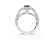 Halo Engagement Ring Setting for Fancy Pink Emerald Cut Center with Framed Halo, Pave Band and Prong Head in Platinum