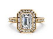 Halo Engagement Ring Setting for Emerald Cut Center with Milgrain Halo, Pave Band and Prong Head in Yellow Gold