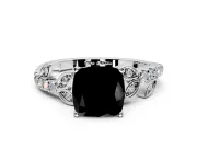 Leaf Motif Engagement Ring Setting for Fancy Black Cushion Cut Center with Pave Band and Prong Head in Platinum