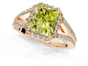 Halo Engagement Ring Setting for Fancy Yellow Radiant Cut Center with Pave Split Shank and Prong Head in Rose Gold