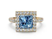 Halo Engagement Ring Setting for Fancy Blue Princess Cut Center with Heart-Shaped Openwork, Pave Band and Prong Head in Yellow Gold