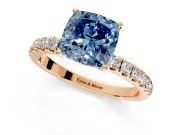 Open Basket Engagement Ring Setting for Fancy Blue Cushion Cut Center with Pave Band and Prong Head in Rose Gold
