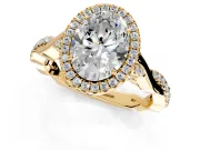 Halo Engagement Ring Setting for Oval Center with Twist Band and Prong Head in Yellow Gold